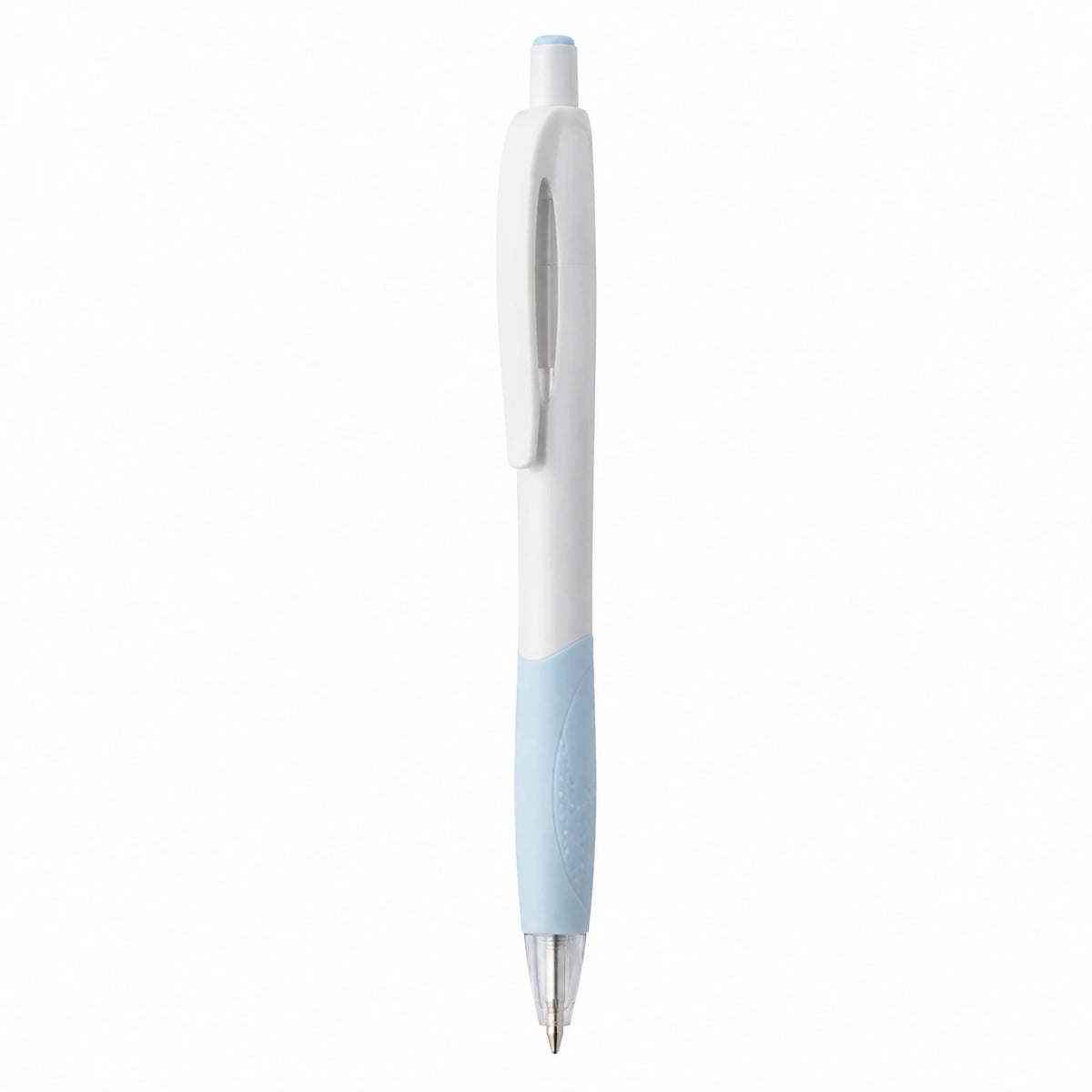 Bolígrafo retráctil blanco y azul con agarre ergonómico y tinta de secado rápido